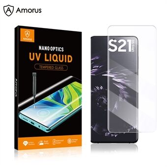 AMORUS Ultra Clear Full täckning 3D Böjd Skärm Design UV Flytande Härdat Glas Skärmskydd Hellim för Samsung Galaxy S21 Ultra 5G
