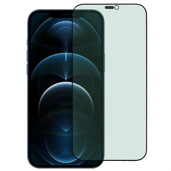 För iPhone 12 Pro Max  Grönt ljus Högt aluminium-kiselglas Silketryck Antistatiskt helskärmsskydd med dammsäkert nät