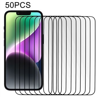 50 st för iPhone 15 Silk Printing Screen Protector Heltäckande härdat glas Hellim 2.5D-film med Dsut-proof Net