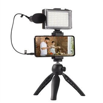 VK-03 Stationär mobiltelefon 360-graders roterande Stand Mikrofonfyllningsljuskombinationssats för Live Streaming Photography Kit