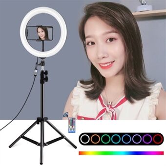 PULUZ 10,2 tum & 10 ljusstyrka RGB Selfie Ring Light med 1,1 m justerbart Stand och fjärrkontroll & telefonklämma