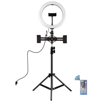 PULUZ 10,2 tum & 10 ljusstyrka RGB Selfie Ring Light med 1,1 m justerbart Stand & dubbla telefonfästen Horisontell hållare & fjärrkontroll