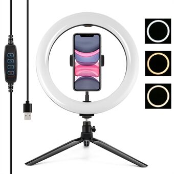 PULUZ PKT3071B 10,2-tum 26 cm USB-dimbara LED- Ring Vlogging Selfiefotografering Videofyllningsljus med stativfäste