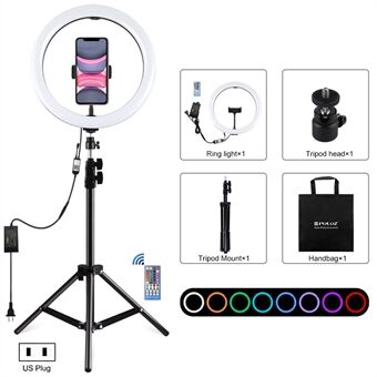 PULUZ PKT3050 12-tum RGB-ljus 1,1 m stativfäste Dimbar Selfiefotografering Video LED- Ring Livesändningssatser