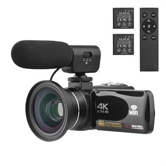 4K digital videokamera 3,0-tum IPS-pekskärm WiFi-videokamera Bärbar DV-inspelare 56MP 18X Digital Zoom Stöd Ansiktsavkänning IR Night Vision med 2 batterier + Fjärrkontroll + Bärväska + Extern mikrofon + 0,39X vidvinkelobjektiv
