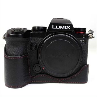 Kamera i äkta läder skyddande halvfodral bottenkåpa med batteriöppning för Panasonic Lumix S5