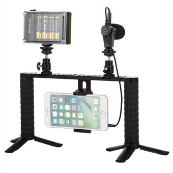 PULUZ PKT3024 4 i 1 livesändning LED Selfie-ljus Smartphone Video Rig Handtag Stabilisatorfäste Kit Mikrofonstativ