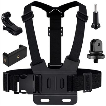 För GoPro Hero 11/10/9/8/7/6/5/4/3+ Bröstremsbälte 5-i-1 Body Harness Mount Set med 1/4" adapter, klämma, lång skruv